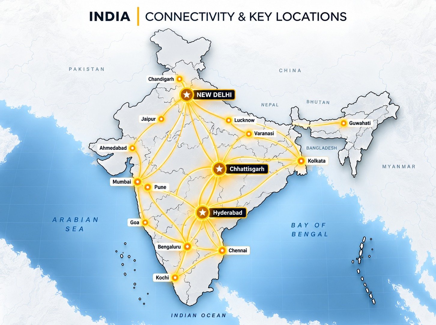 India Connectivity & Key Locations Map